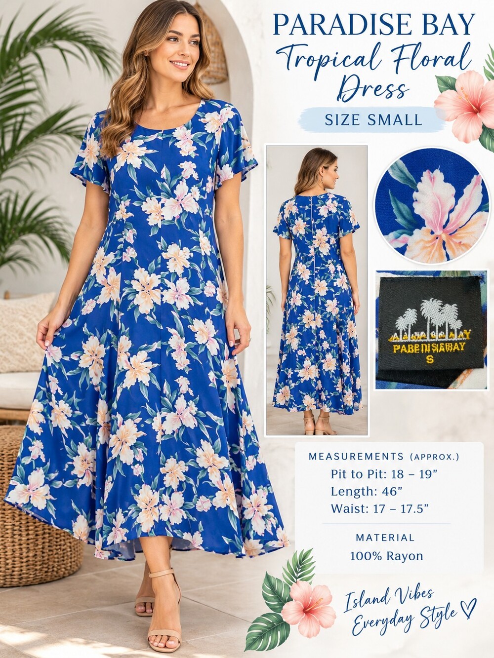 A52. Paradise Bay Hawaiian Tropical Hibiscus Floral Blue Muumuu Maxi Dress Small - Picture 8 of 8